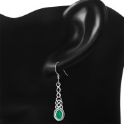 Green Agate Celtic Silver Long Drop Dangle Hook Earrings - e311